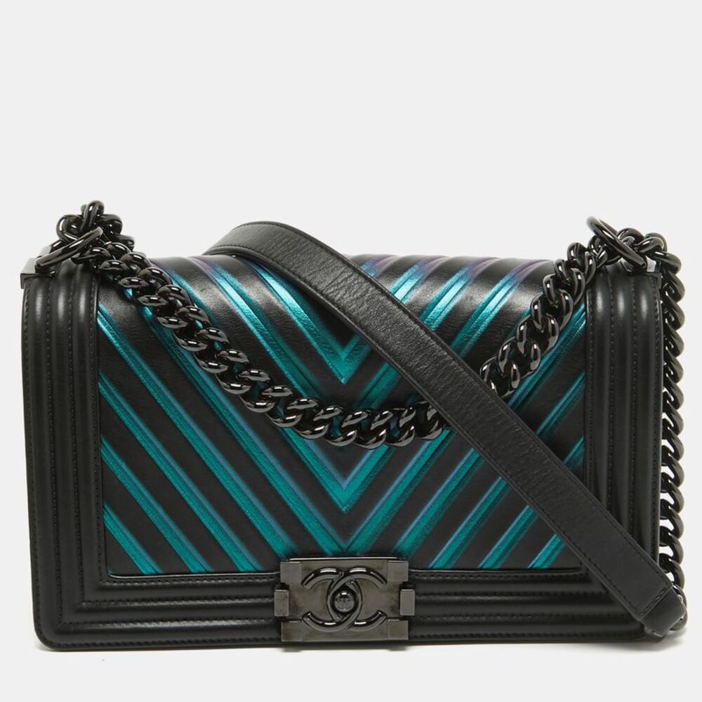 Chanel Black/holographic Chevron Leather Medium Boy Flap Bag